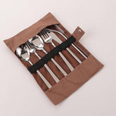 Kuber Industries 21 Pcs Utensil Set | Pack of 3 | Travel Camping Cutlery Set | Stainless Steel Flatware Set with Bag | Travel Organizer Utensil Set | Durable and Practical | Brown Cover